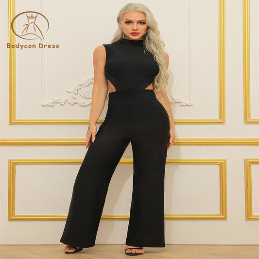 Bodycon Sexy Cut Out Bandage Jumpsuit For Women Elegant Sleeveless Celebrity Birthday Evening Party Jumpsuit