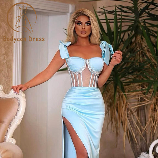 Bodycon Dress For Women Sky Blue Skinny Mini Dress Mesh Bow Ladies High Split Drape Sexy Sleeveless Party Dress Evening Outfit