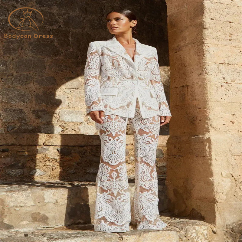 Bodycon Set High Quality White Sequin Embroidery Lace Sexy Perspective Women'S Suit Set Blazer+Pants Two Piece Set