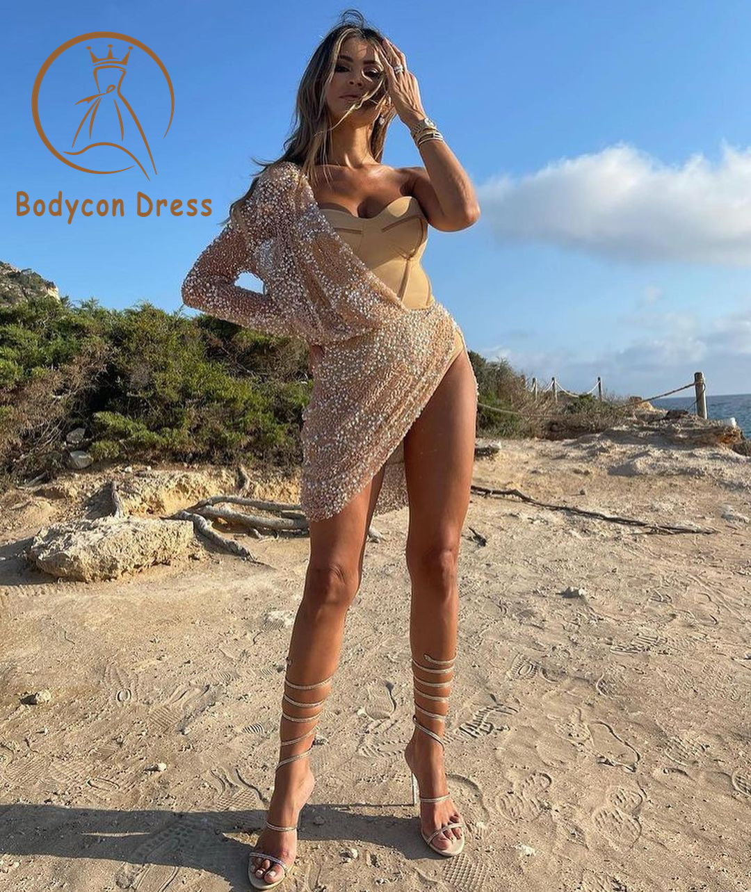 Bodycon Dress For Women Sexy One Shoulder Sequin Bodycon  Bandage Dress Elegant Party Club