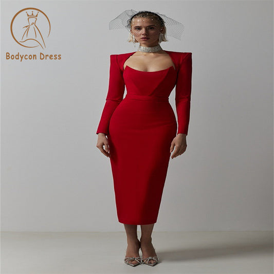 Bodycon Dress For Women V-neck Bandage Dress Sexy Full Sleeve Solid Celebrity Evening Party Dress