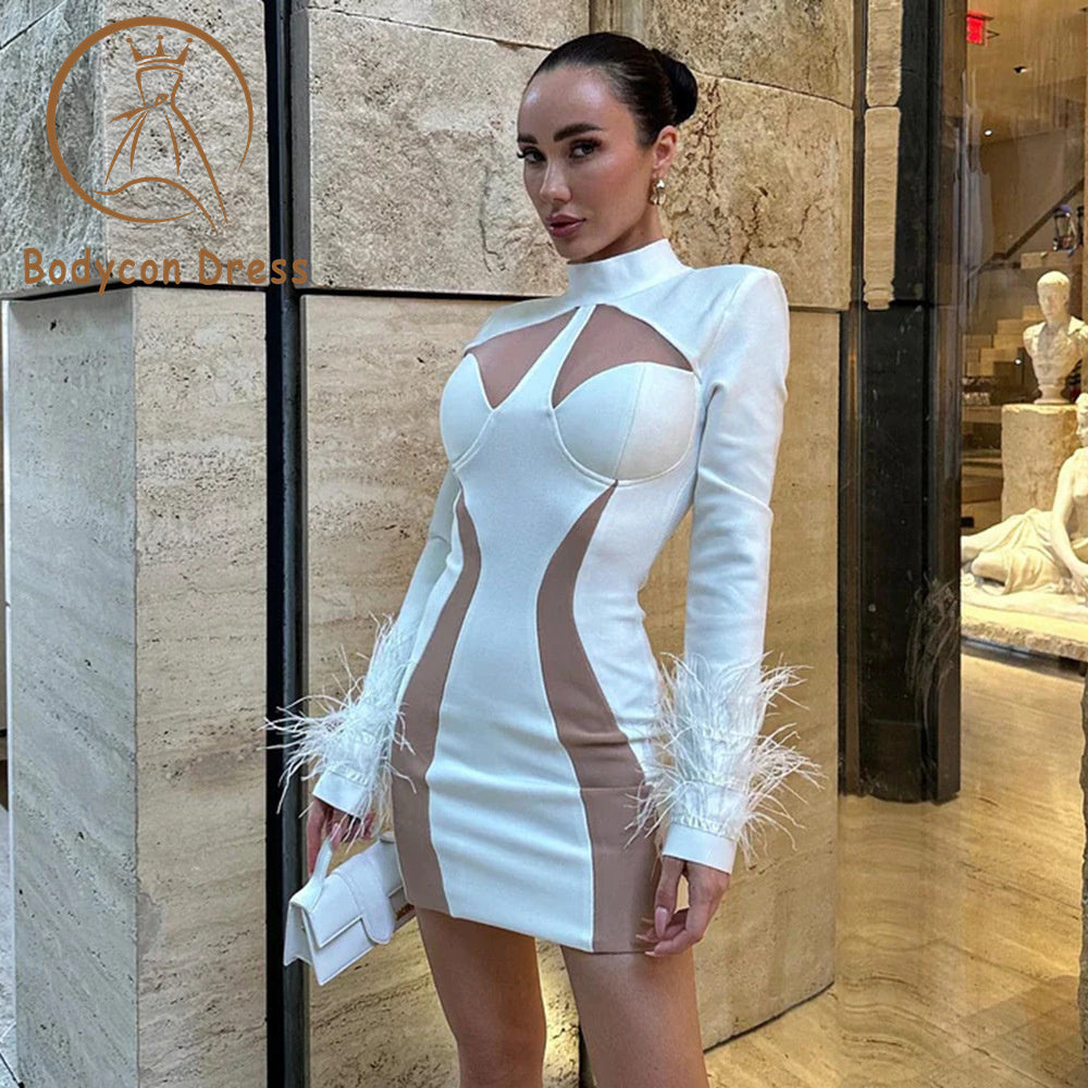 Bodycon Dress For Women New Arrival Women Long Sleeve Sexy Bodycon Mini Bandage Dress Feathers Sexy Nightclub Party Celebrate Dress