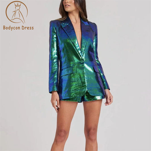 Bodycon New Unique Party Style Bling Sequins Cloth Suit Single Button Blazer Shorts Fushcia Color Lady 2PCs