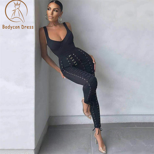 Bodycon Set For Women Top Quality Black White 2 Pieces Set Side Criss Cross Rayon Bandage Set Full Length Party Fashion Set