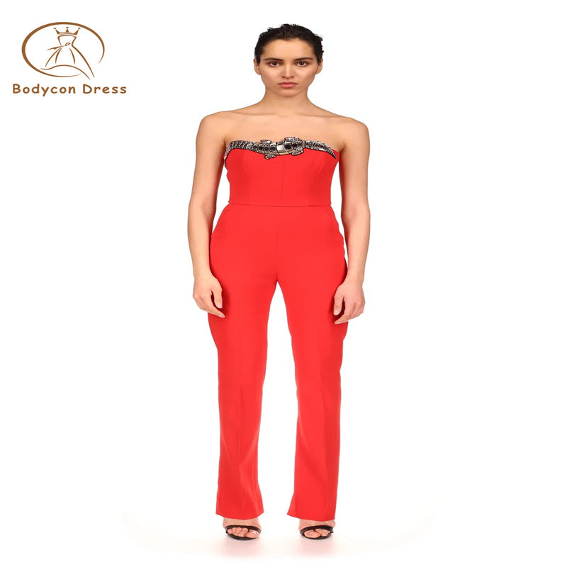 Bodycon Jumpsuit For Women Sexy Strapless Backless Sequins Red Tight Celebrity Designer Celebrity Party Bandage Jumpsuit