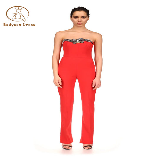 Bodycon Jumpsuit For Women Sexy Strapless Backless Sequins Red Tight Celebrity Designer Celebrity Party Bandage Jumpsuit