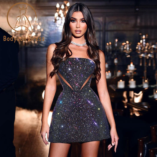 Bodycon Dress For Women Shiny Diamond Black Mini Bandage Dress Sexy Strapless Backless Tight Celebrity Party Dress