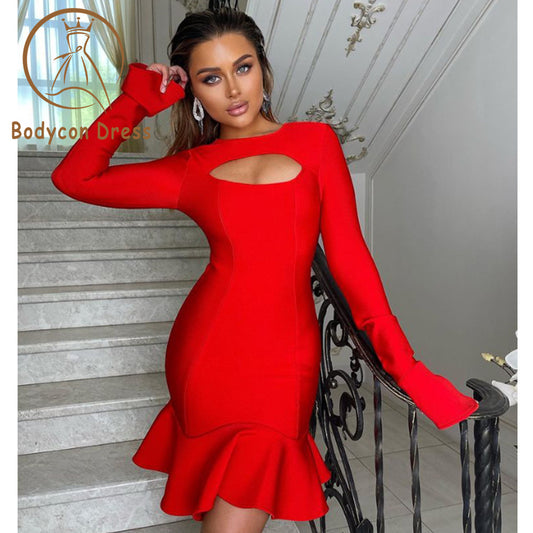 Bodycon Dress For Women Ruffles Bandage Dress Long Flare Sleeve Hollow Out  White Black Mini Sexy Elegant Nightclub Evening Party Dresses