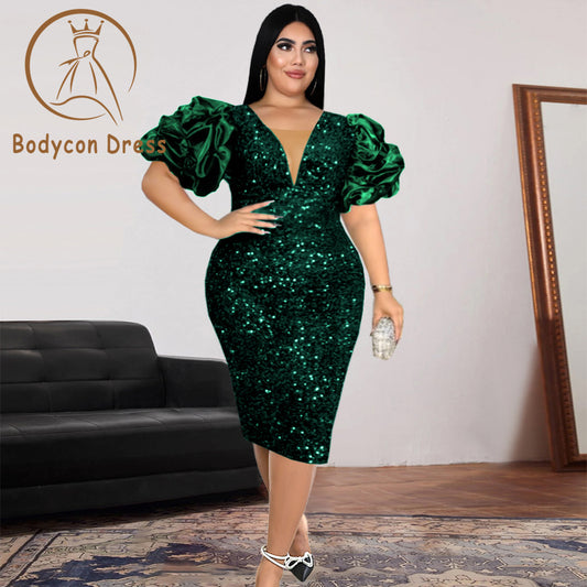 Bodycon Dress For Women Sequin Sexy Deep V Neck Puff Sleeve Retro Vintage Green Red Velvet Tight Midi Dresses Sparkly Cocktail Club Wear