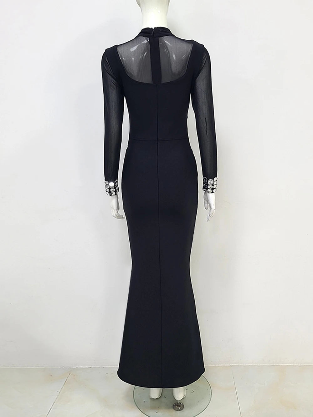 Bodycon Dress For Women Black Diamonds Bodycon Bandage Maxi Mermaid Dress Rayon High Quality Sexy Mesh Long Sleeve Long Dress2023 Vestidos