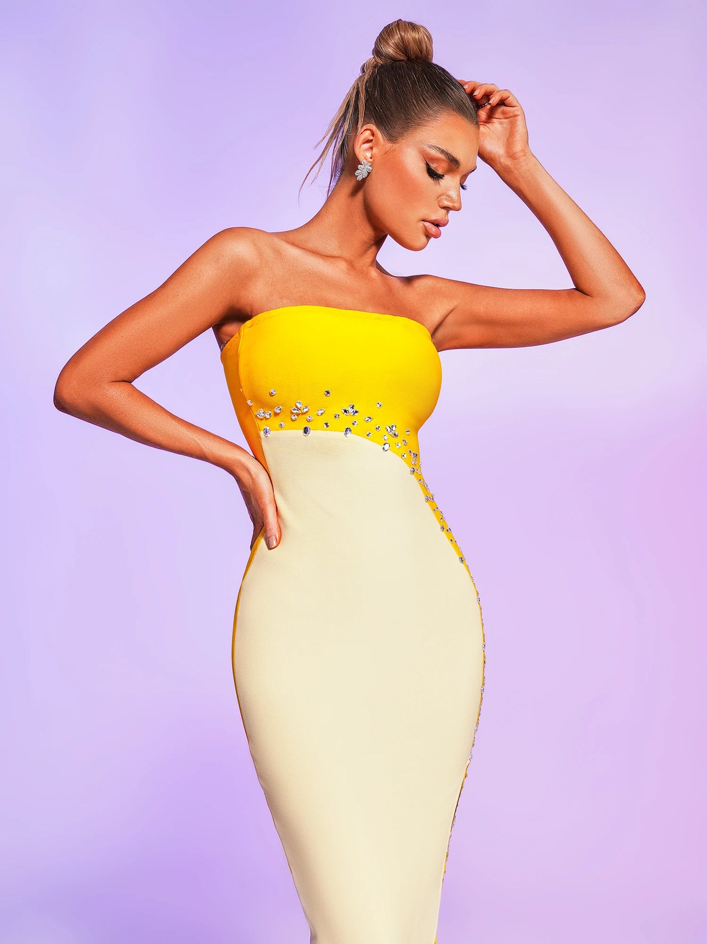 Bodycon Yellow White Patchwork Strapless Bandage Dress For Women Sexy Sleeveless Elegant Ladies Celebrity Evening Party Dresses