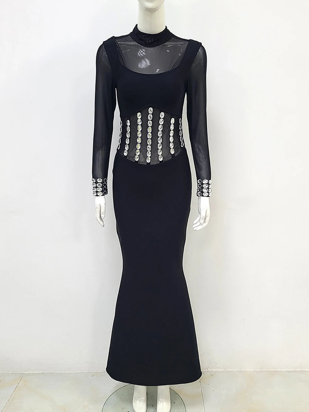 Bodycon Dress For Women Black Diamonds Bodycon Bandage Maxi Mermaid Dress Rayon High Quality Sexy Mesh Long Sleeve Long Dress2023 Vestidos