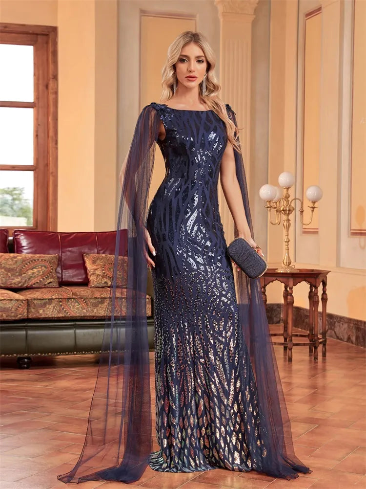 Bodycon Dress For Women Luxury Arabia Long Sleeve Sequins Evening Dress Female Guests Wedding Party Prom Blue Cocktail Dresses