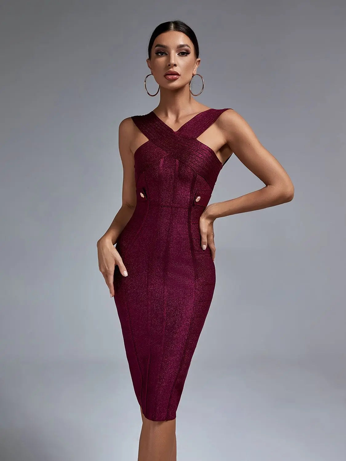 Bodycon Metallic Bandage Dress Women Midi Party Dress Elegant Wine Red Sexy Halter Neck Birthday Evening Club Outfit