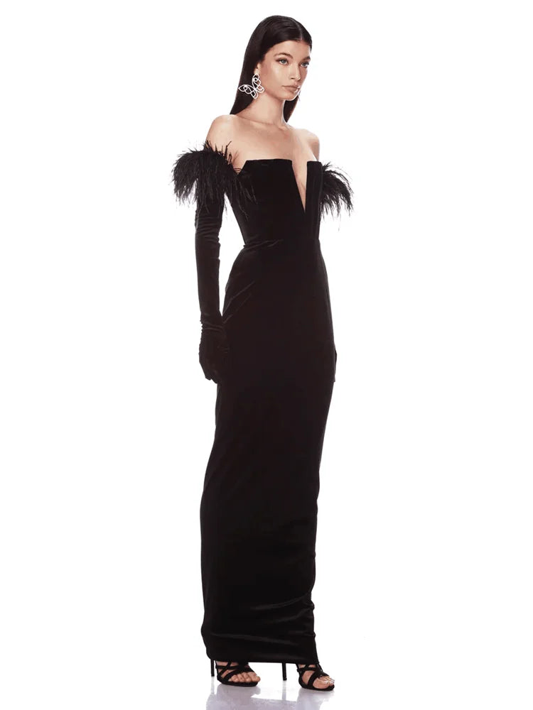 Bodycon Dress For Women Strapless Feather Gloves Design Black Bandage Long Gowns