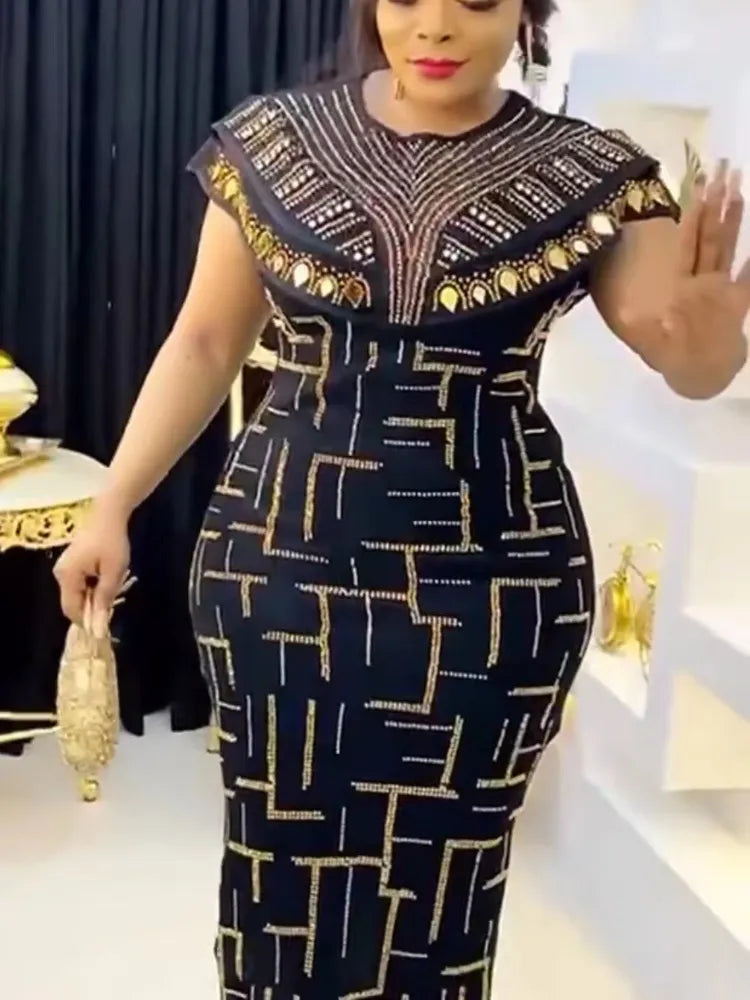 Bodycon Dress For Women O Neck Shiny African Elegant Luxury Rihnestone Patchwork Shiny Large Size Ladies Gowns Summer 2023 New