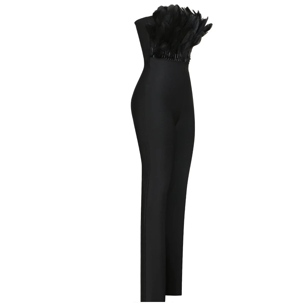 Bodycon Elegant Black Slim Sleeveless Bandage Jumpsuit Women Solid Feathers Designed Jumpsuit Club Evening Party One Piece Outfits