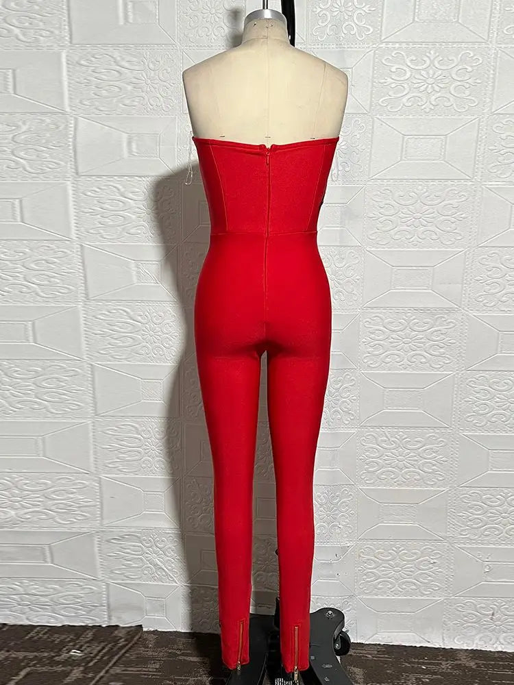 Bodycon Jumpsuit For Women Sexy Strapless Backless Sequins Red Tight Celebrity Designer Celebrity Party Bandage Jumpsuit