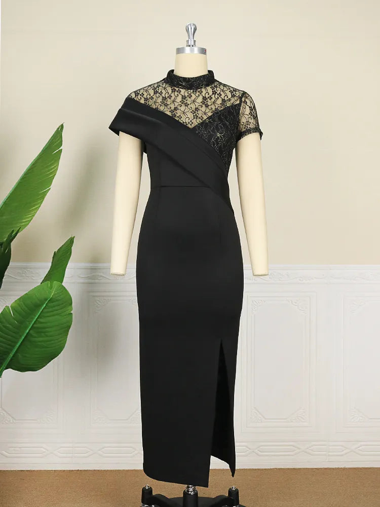 Bodycon Dress For Women Black Long Prom Dresses High Neck Lace Patchwork Evening Cocktail Club Party African Gowns Sexy Slit Outfits