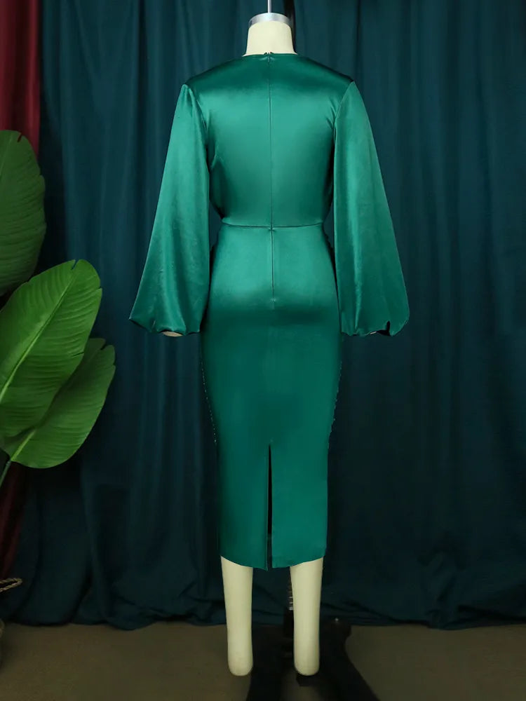 Bodycon Dress For Women Long Sleeve Green Elastic Satin Smocked Midi Dress Elegant Big Size Shiny Evening Christmas Party Church Outfits