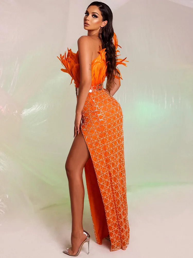 Bodycon Dress For Women Feather Decorated Orange Sequin Sleeveless High Slit Long Dress Without Belt