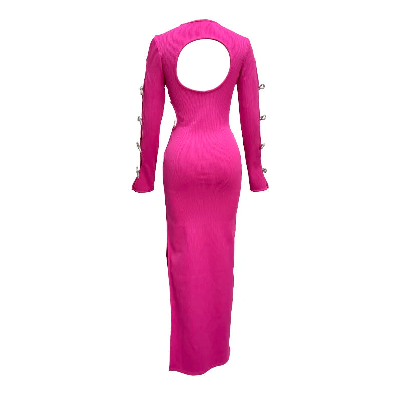 Bodycon Dress For Women Rose Red Black Hollow Long sleeves Backless Boutique Celebrity Cocktail Party Bandage Long Dress