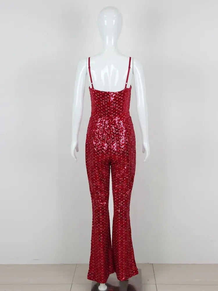 Bodycon Jumpsuit for Women Wine Red Black Sexy Luxury Sequins Sleeveless Backless Long Jumpsuit Elegant Party Jumpsuit