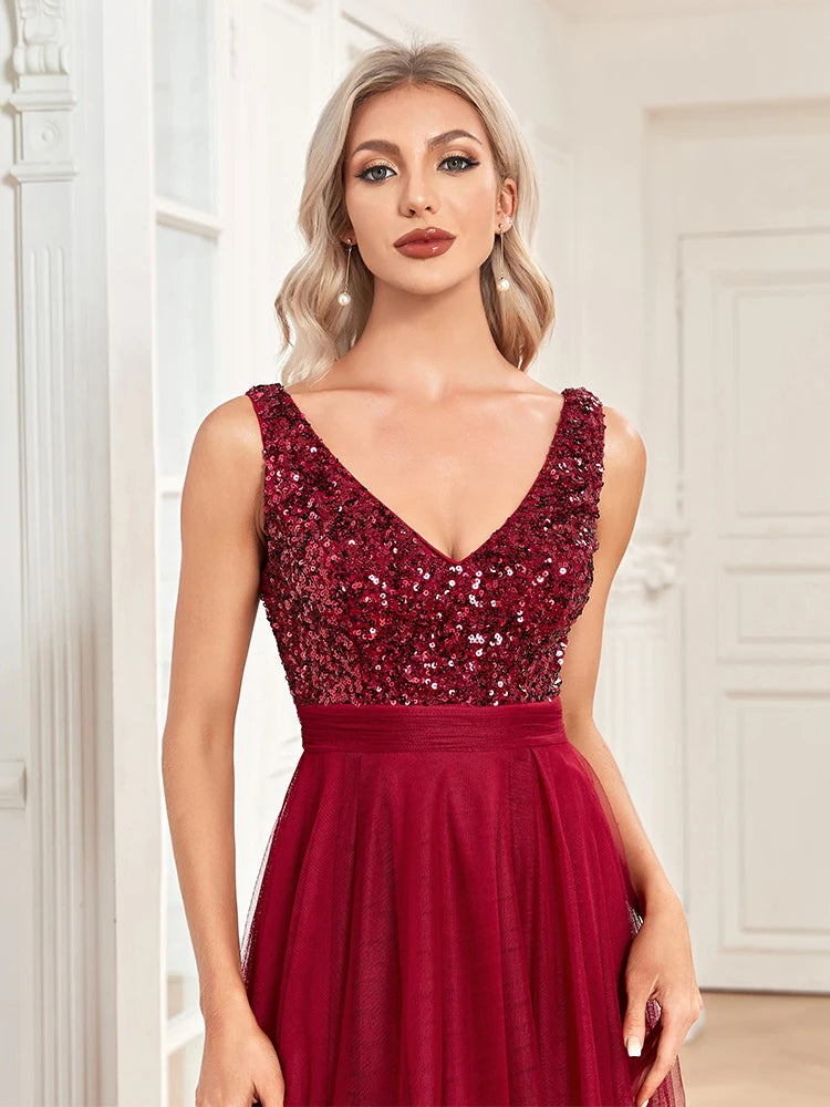 Bodycon Elegant Women V-Neck Sleeveless Sequin Floor Length Formal Evening Dress Red Prom Wedding Party Cocktail Dress