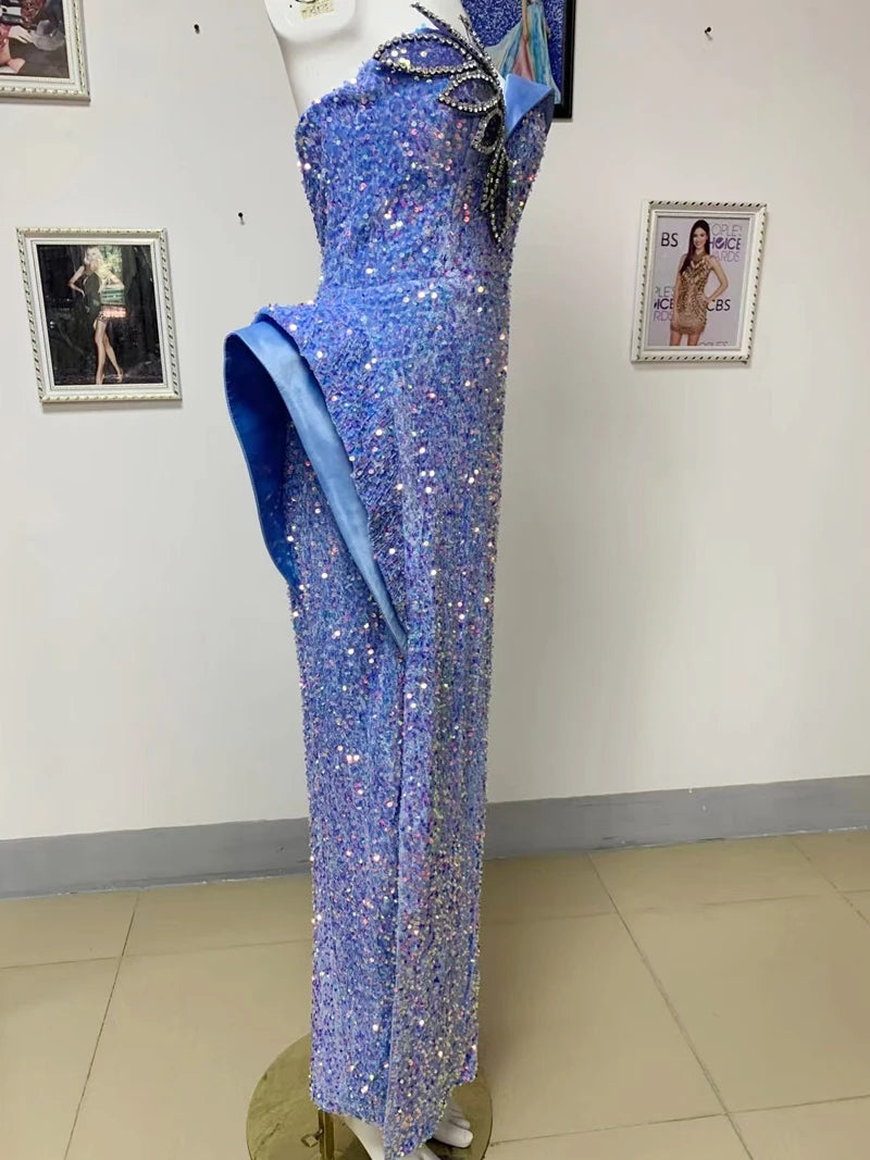 Bodycon Dress For Women  Blue Sequins Strapless High-End Luxury Sexy Boutique Celebrity Cocktail Party Long Dress