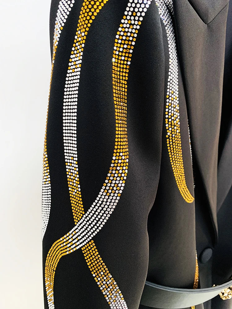 Bodycon Newest Fashion Designer Runway Suit Set Women's Colorful Diamonds Belted Blazer Flare Pants Suit 2pcs