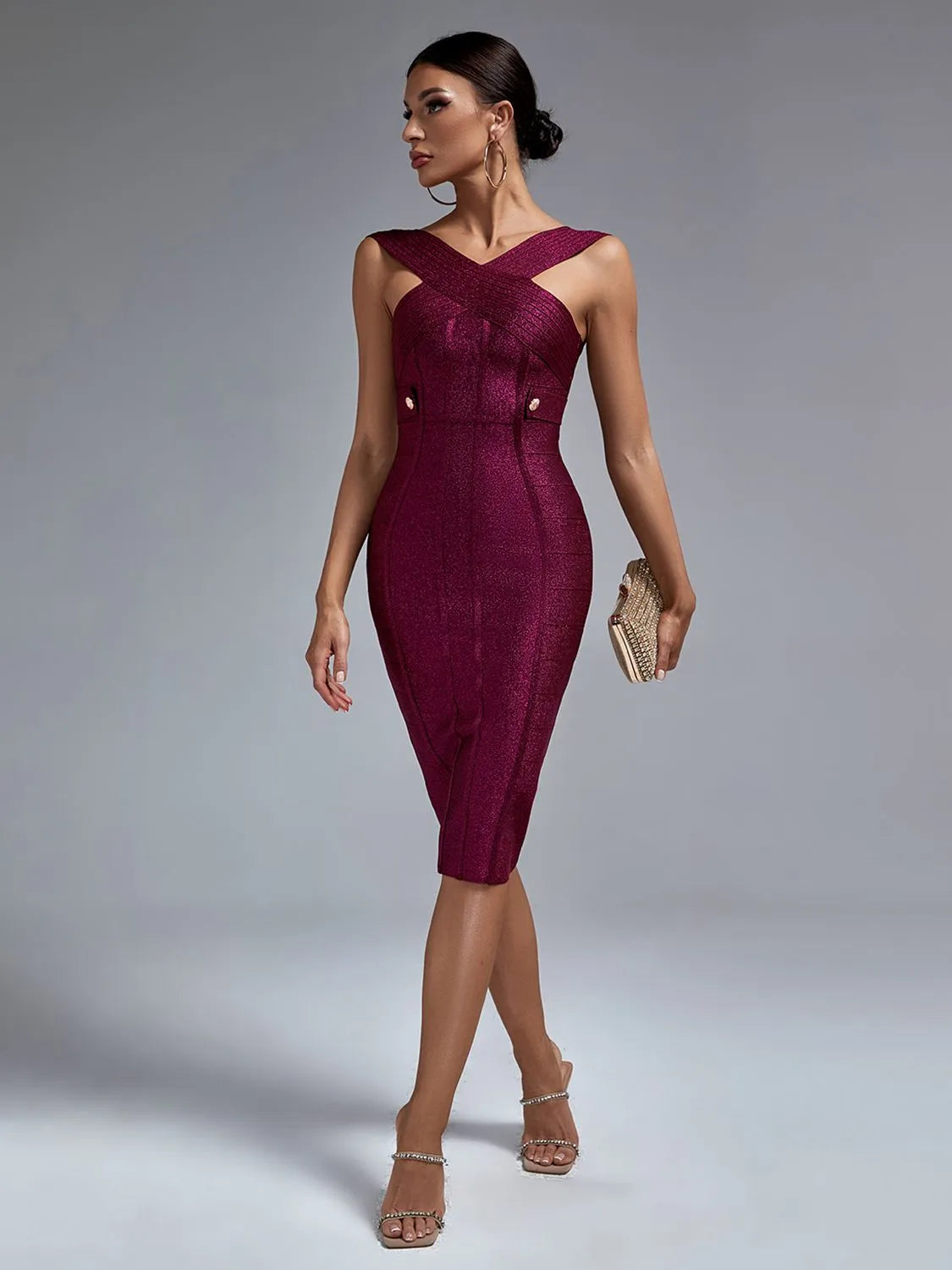 Bodycon Metallic Bandage Dress Women Midi Party Dress Elegant Wine Red Sexy Halter Neck Birthday Evening Club Outfit