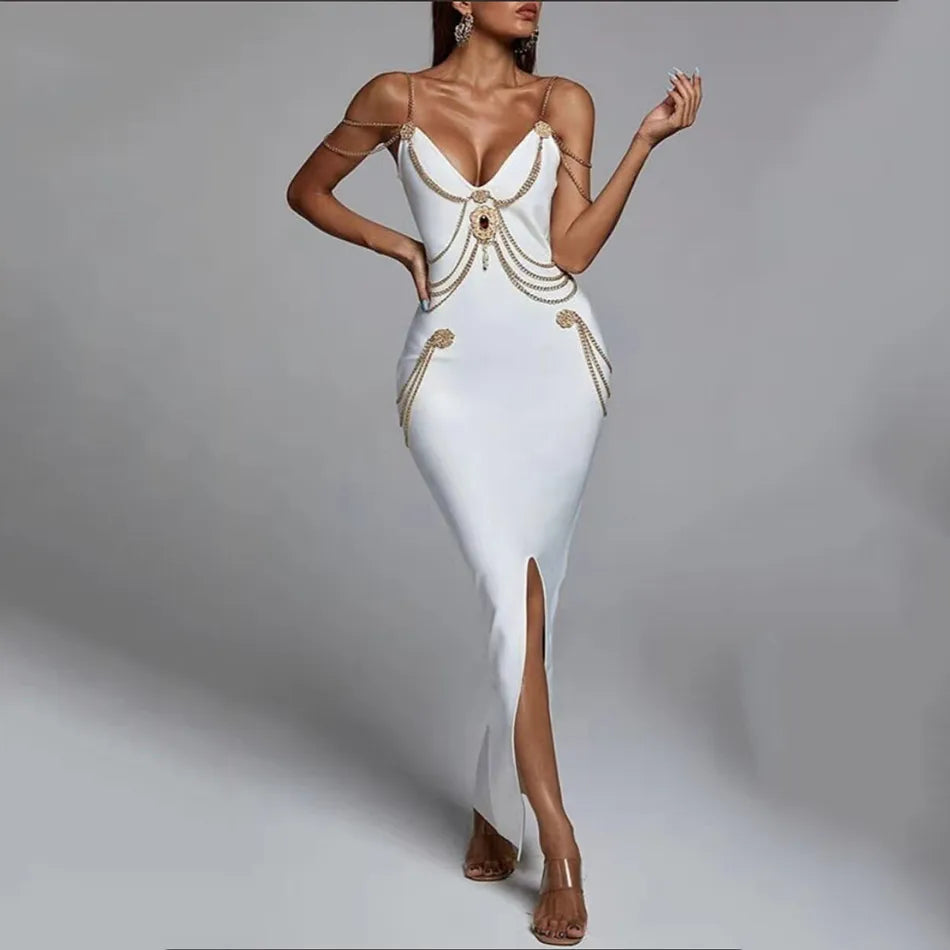 Bodycon Dress For Women Black White Chain Spaghetti Strap V-Neck Split Bandage Dress Bodycon Celebrity Club Party Long Dress Vestidos