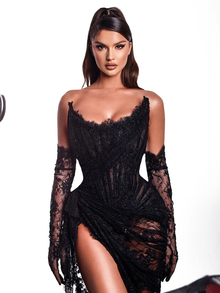 Bodycon Dress For Women Sexy Strapless Long Sleeve Gloves Design High Split Party Dresses Gowns