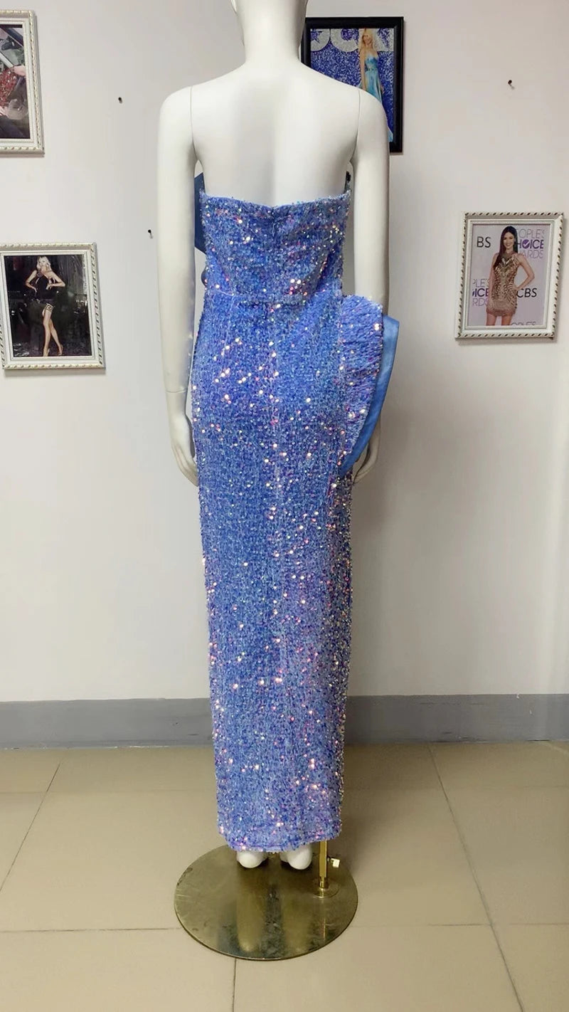 Bodycon Dress For Women  Blue Sequins Strapless High-End Luxury Sexy Boutique Celebrity Cocktail Party Long Dress