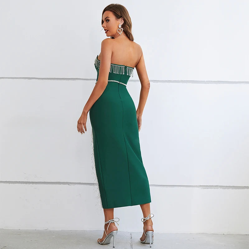 Bodycon Dress For Women Shining Diamonds Tassel Sexy Hollow Out High Split Spaghetti Strap Green Color Midi Dress Woman Evening Party Vestido