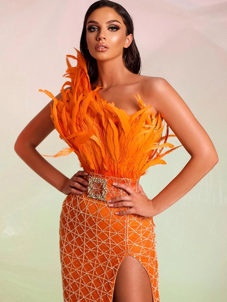 Bodycon Dress For Women Feather Decorated Orange Sequin Sleeveless High Slit Long Dress Without Belt