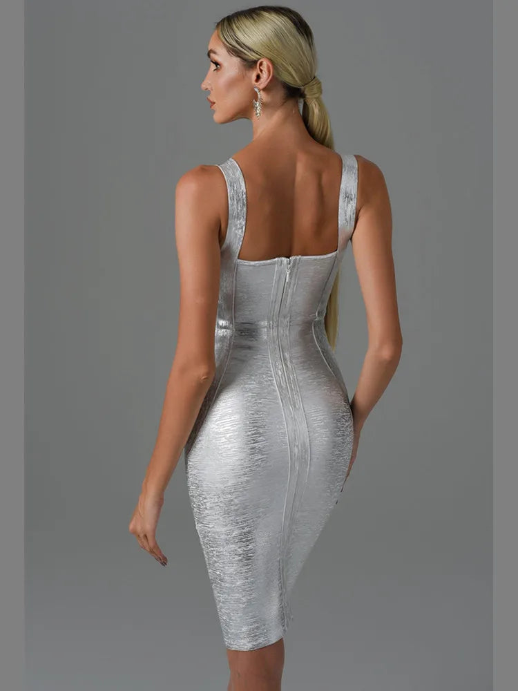 Bodycon Sexy Sleeveless Backless Gold Silver Bronzing Midi Bandage Dress Elegant Evening Party Dress