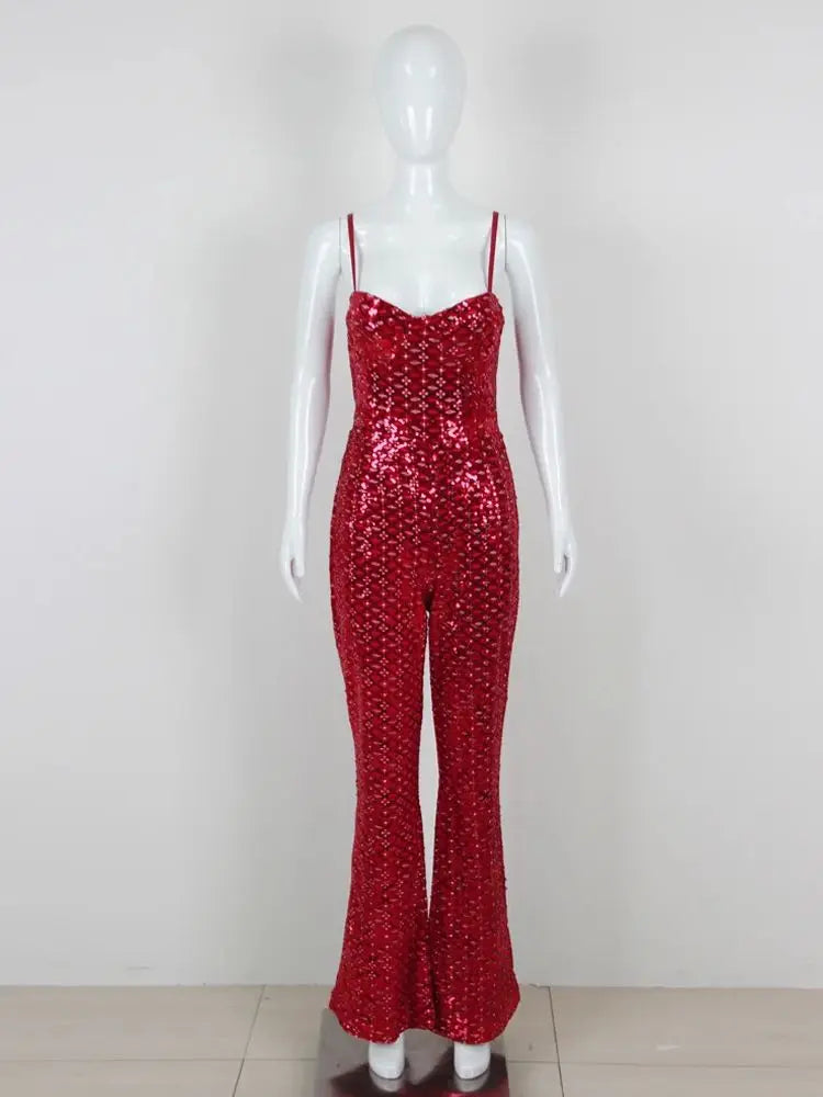 Bodycon Jumpsuit for Women Wine Red Black Sexy Luxury Sequins Sleeveless Backless Long Jumpsuit Elegant Party Jumpsuit