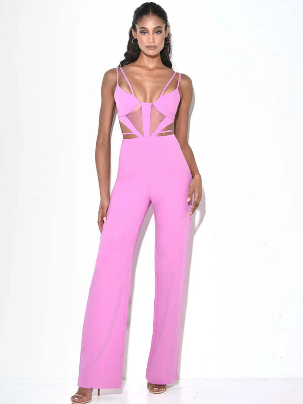 Bodycon Jumpsuit For Women Sexy V Neck Hollow Out Pink Bodycon Bandage Jumpsuit  Celebrity Designer High Street Rompers