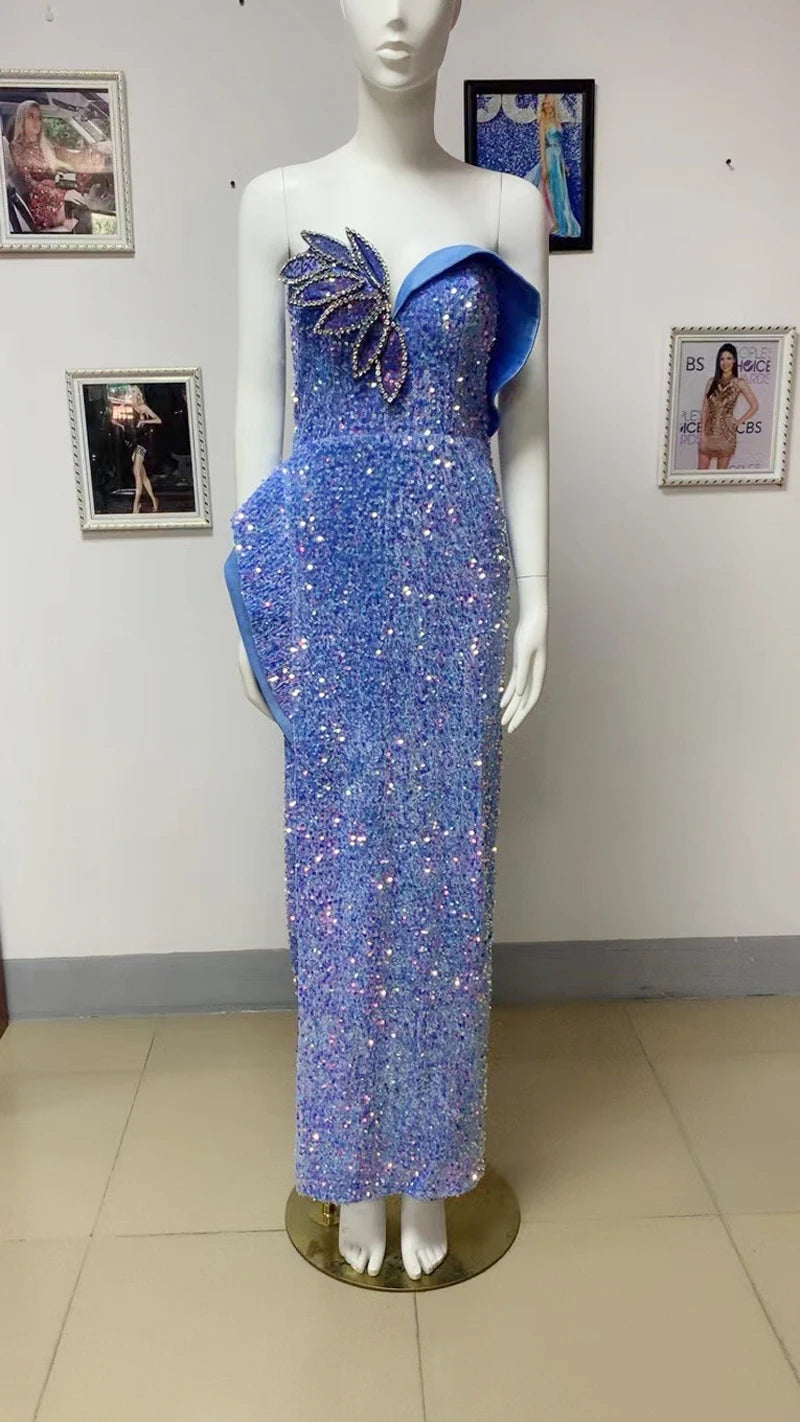 Bodycon Dress For Women  Blue Sequins Strapless High-End Luxury Sexy Boutique Celebrity Cocktail Party Long Dress