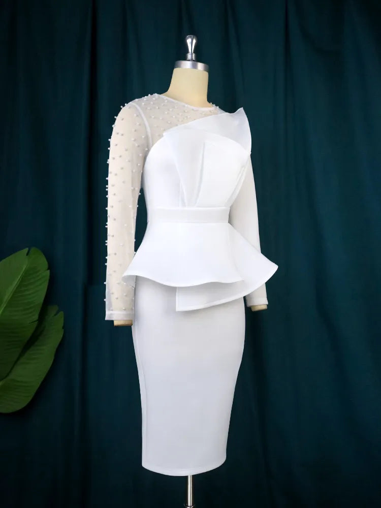 Bodycon Dress For Women White Party Dress Sexy Long Sleeve Beading Mesh Patchwork Peplum Elegant Knee Length Christmas Event Evening African Gowns