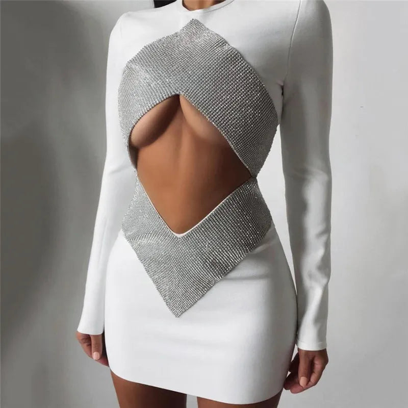 Bodycon Dress For Women Sexy Cut Out CRYSTAL Bandage Dress Women White Long Sleeve Mini Bodycon Autumn Winter Elegant Party Club Femme Dress Vestidos