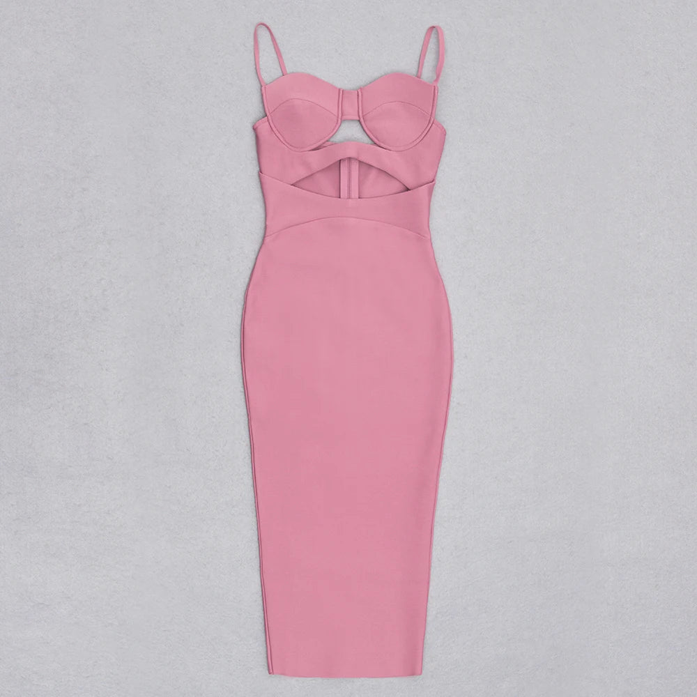 Bodycon Sexy Pink Sleeveless Spaghetti Strap Bandage Dress Cut Hollow Out Midi Clothes Club Party Evening Women Dresses