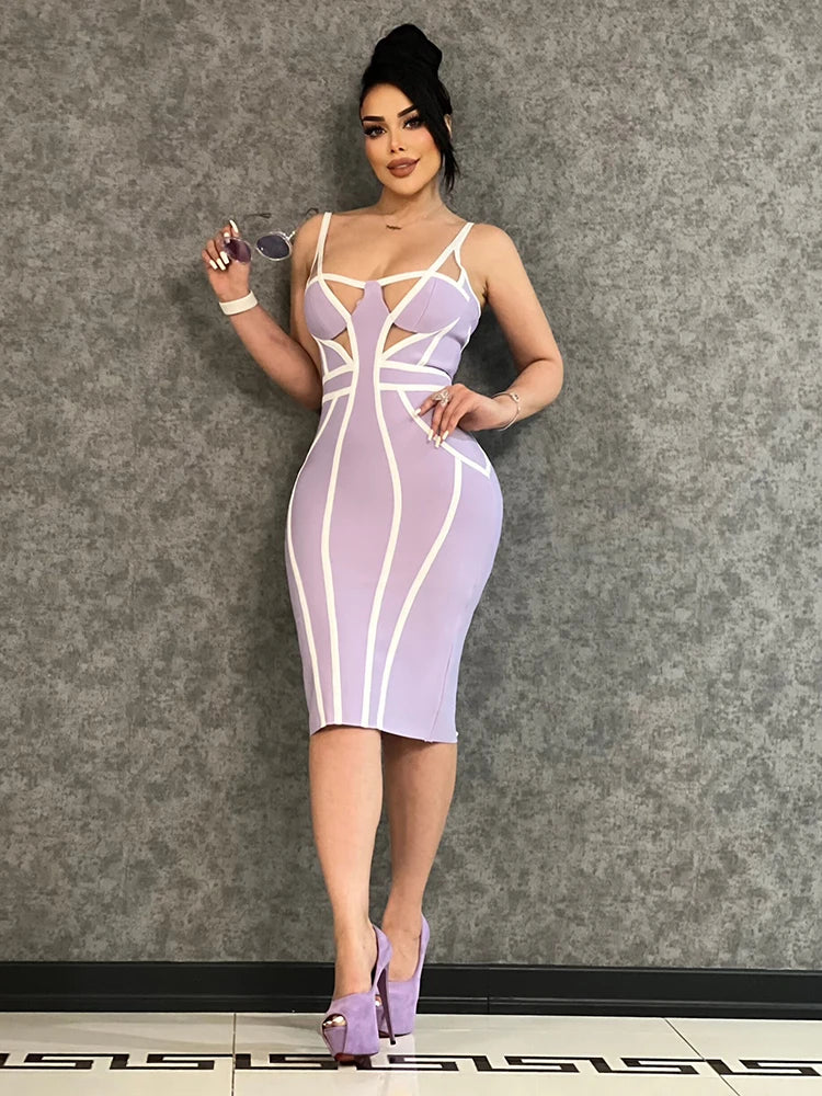 Bodycon Lavender Suspender Skirt Women Fashion Color Matching Sleeveless V-neck Mesh Stitching Knee-length Bandage Dress