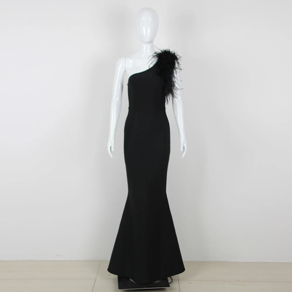 Bodycon Dress For Women Elegant One Shoulder Feather Design Black Bandage Sleeveless Mermaid Long Gowns