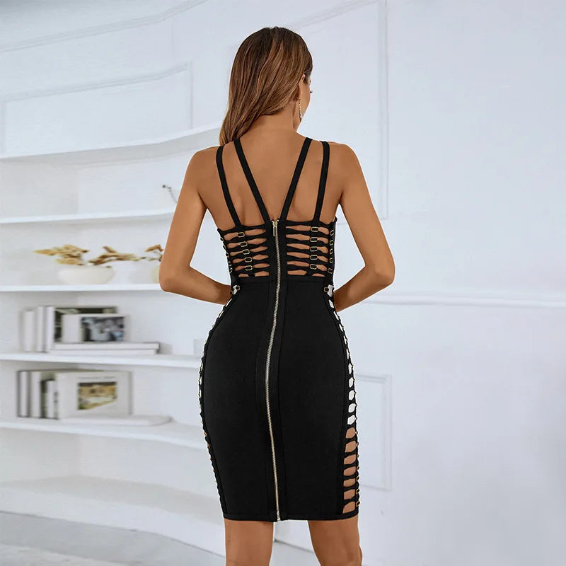 Bodycon Black Spaghetti Strap Cut Out Bandage Dress Women Elegant Sleeveless Evening Party Dresses Vestidos Wholesale