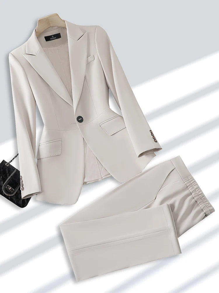 Bodycon Formal Pant Suit Beige Khaki Pink Ladies Blazer Jacket +Trouser Fashion Office Business Work Wear 2 Piece Set