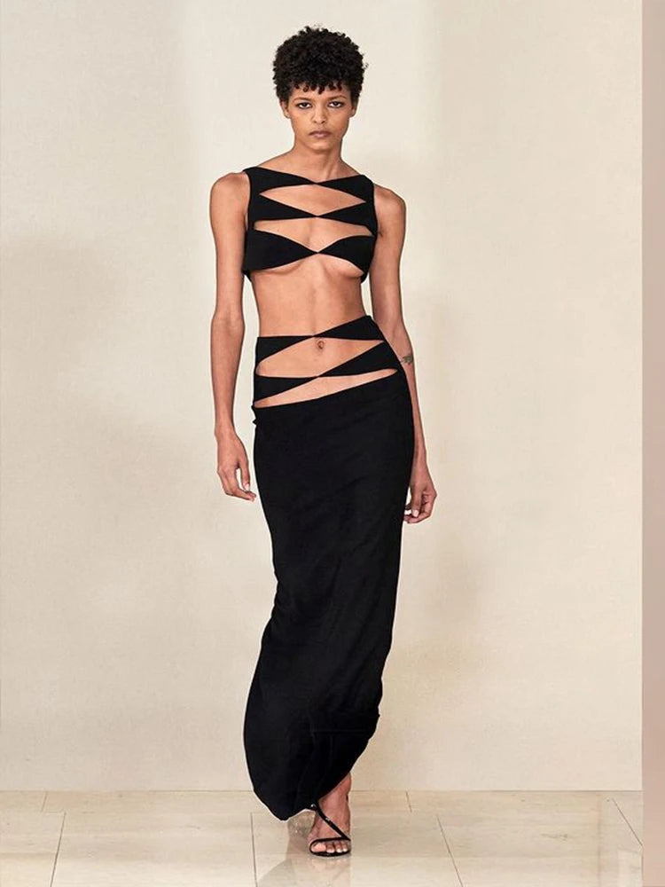 Bodycon Beach Set Women Sexy Cut-Out Crop Top And Long Skirt Tight Bandage Two-Piece Suit Club Party