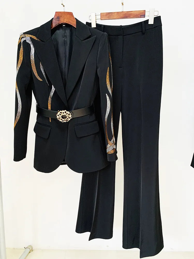 Bodycon Newest Fashion Designer Runway Suit Set Women's Colorful Diamonds Belted Blazer Flare Pants Suit 2pcs