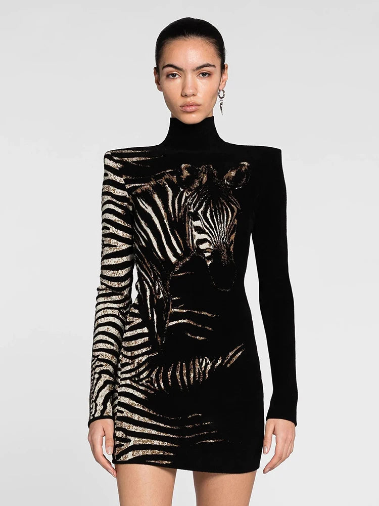 Bodycon Dress Women Casual Fashion Zebra Pattern Design Jacquard Mini Dress